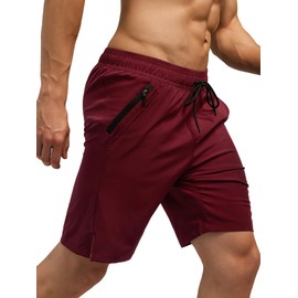 SILKWORLD Quick Dry 9" Mens Swimming Trunks with Zip Pockets Side-Slit Athletic Shorts Compression Lined Swimsuit,Wine Red,Medium