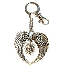 Silver Knight Large Supernatural Angel Wings Keychain with Pentagram, Anti-Possession Sigil, Fantasy Cosplay Accessory, Winchester Silver Bag Charm/Keyring