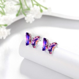 Purple Butterfly Heart Studs Earrings Women 925 Sterling Silver Animal Butterflies February Created Amethyst Birthstone Amethyst Earring Stud Crystal Wedding Birthday Jewelry DE0253F