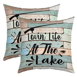Lake House Pillow Covers for Sofa, Fishing Rod Throw Pillow Covers 18x18 Inch Set of 2, Rustic Farmhouse Decorative Square Pillow Cases, Wooden Barn Door Cushion Cases Lake House Decor for The Home