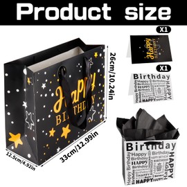 Hongplus 2pcs 13" Large Black Gold Happy Birthday Gift Bag with Ribbon Handle, Black Wrapping Tissue Papers Cards for Boys Men Women Birthday, Men Women Birthday Gift Bags Party Decorations