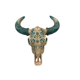 De Leon Collections Country Cow Bull Skull Home Décor, Western Hanging Wall Sculpture, 13 inch Polyresin, Turquoise Horns