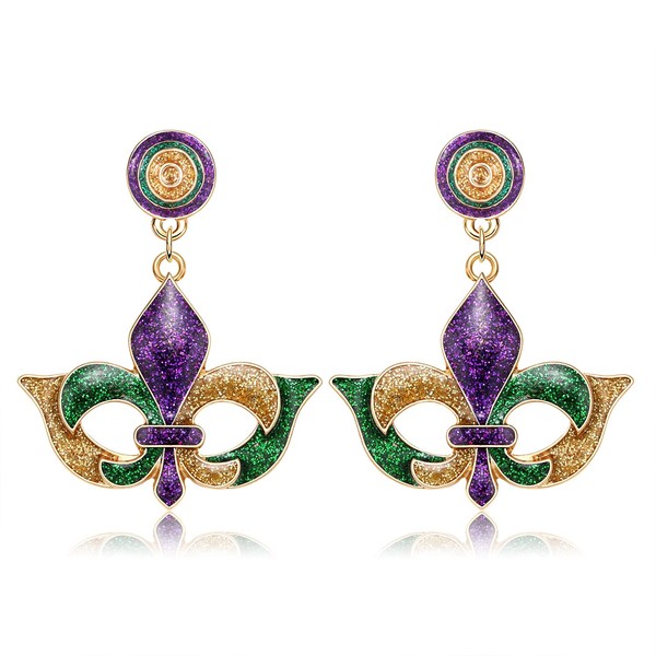 Mardi Gras Earrings Glitter Fleur De Lis Mask Dangle Earrings