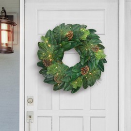 Puleo International 24 in. Pre-lit Magnolia Artificial Christmas Wreath, Green