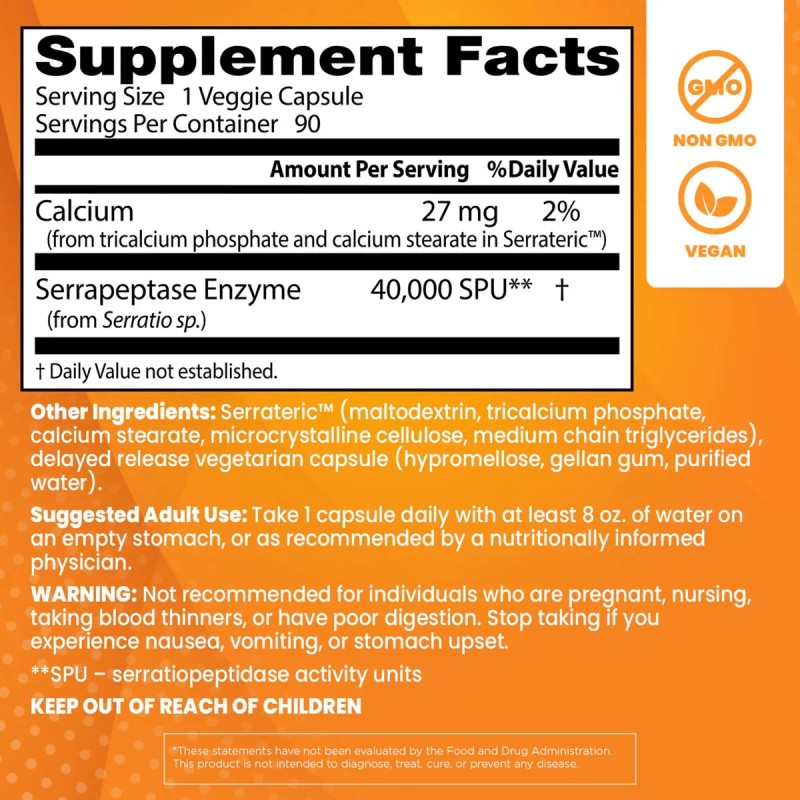 Serrapeptase 40,000 SPU Enzima Serrapeptasa con Calcio 90 Cpsulas Vegetales
