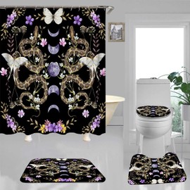OLEBETY - Juego de 4 cortinas de ducha de serpiente con alfombras, tela impermeable, cortina de ducha negra, fase lunar, galaxia, flores, flores, mariposa, plantas botánicas, hojas, polilla, gótica