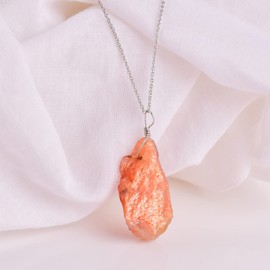 Natural Raw Golden Sunstone Stone Rough Crystal Gemstone Dainty Women Pendant Necklace, Chakra Healing Crystals, Birthstone, Gift, Rhodium Plated 925 Sterling Silver Chain 18 Inch