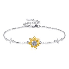 CUPENDA Sunflower Bracelet For Women Sterling Silver Spinner Sunflower Cross Bracelets Jewelry Christian Gift