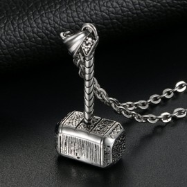 OIDEA Men's Viking Wolf Head Necklace: Wolf Head Thor's Hammer Pendant with O Chain Wolfhound Dragon Tooth Nordic Viking Jewellery Gift for Men Friend Father, Stainless Steel, No Gemstone