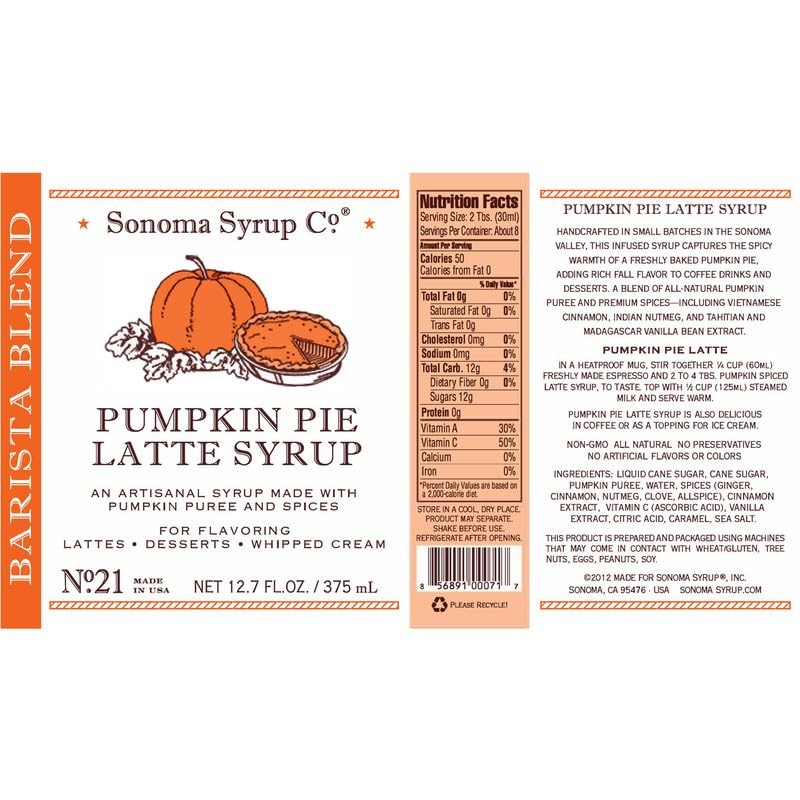 Sonoma Syrup Co Pumpkin Pie Latte Syrup 12.7 ounces -