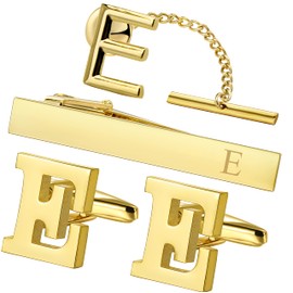 HAWSON Cufflinks for Men, Tie Clips for Boys, Tie Pin for Men, Gold Color Jewelry Set, Boxed Gift Packing, Initial Letter Jewelry for Him