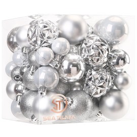Sea Team Pack of 70 Christmas Baubles with Strings, 30 mm–50 mm Baubles, Shatterproof Plastic Christmas Bulbs, Hanging Decorations for the Christmas Tree, Holidays, Wedding, Party, Silver
