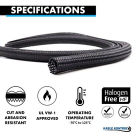 Kable Kontrol 25 Ft - 0.25" Inch Braided Cable Sleeve - Self Closing Split Wire Wrap Cord Hider Organizer Wire Loom Tubing Cover for Automotive, Industrial Cable Management - Black
