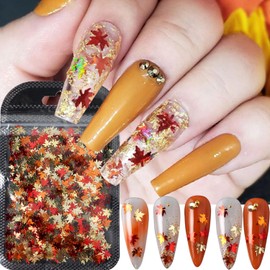 Fall Nail Art Glitters Shiny Mixed Golden Maple Leaf Nail Sequins Holographic Maple Leaves Nail Glitter Flakes Sparkly Autumn Winter Nail Designs Fall Stickers Decals Thanksgiving Decorations (1Bag)