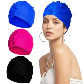 Forreen Women's Swimming Cap, Pack of 3 Swimming Cap, Long Hair, Short Hair, Swimming Cap, Waterproof, Comfortable, Non-Slip, Pleated Swimming Cap for Beach, Bathroom and Spa