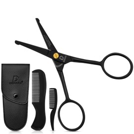 DEMAXA Professional Mustache Scissors with 1 Mustache Comb, 1 Beard Comb & Soft Pouch – 4.5" Round Tip Safety Scissors for Nose Hair, Ear Hair, Mustache, Beard Trimming – Best Facial Hair Scissors