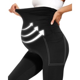 UBCUTE 2 Pack Women's Maternity Leggings with Pockets Over The Belly-High Waist Pregnancy Yoga Workout Pants Active Wear,Black+Black,Large