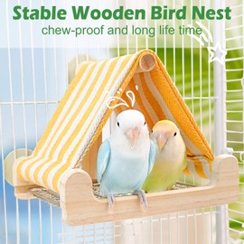Bird House for cage Wooden Parakeet Nest perches, Breathable Bird Hammock Tent with Removable Stailness Steel net, Cozy Parrot Sleeping Hut Bird Toys,Bird cage Accessories for Parakeets(Yellow)