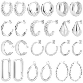 NEWITIN 12 Pairs Silver Hoop Earrings for Women Chunky Earrings Tear Drop Earrings 14K Gold Plated Open Hoop Earring Thick Waterdrop Earrings Set for Women