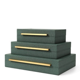 Kingflux Faux Leather Set of 3 Pcs Decorative Boxes , Storage Boxes Linen Fabric Texture For Jewelry Organizer, Men's Accessory Organizer (Green)
