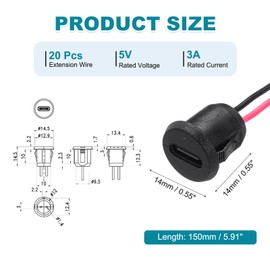 MECCANIXITY 10pcs Type-C Female Chassis 2 Pin Wire, 5V 3A Round USB-C Female Socket to Pigtail Waterproof Terminal Extension Cable for PC, LED Lamps, Laptop 6"