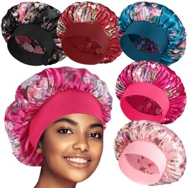 5 Pack Silk Bonnet for Sleeping Satin Bonnet for Sleeping, Bonnets for Black Women Hair Bonnet for Sleeping Silk Sleep Cap, Wide Soft Band Large Bonnet for Curly Hair