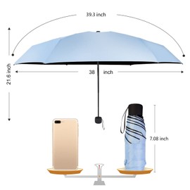 WAUPPY Small Travel Umbrella Compact for UV Protection Light Purse Size Umbrellas for Sun Rain Portable for Backpack Blue