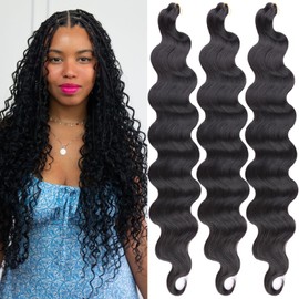 Unionbeauty Body Wave Braiding Hair 24 Inch 3 Pack Pre-Feathered Braiding Hair Black Boho Box Braids for Goddess Box Braids Hair Deep Wave Crochet Hair Synthetic Hair Extension Crochet Braids (1B#)