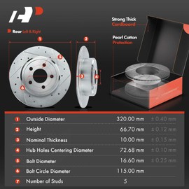 A-Premium 12.60 in (320 mm) Rear Drilled and Slotted Disc Brake Rotors + Ceramic Pads Kit Compatible with Chrysler and Dodge Models - 300 05-20, Challenger 09-20, Charger 06-20, Magnum 05-08, 6-PC Set
