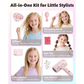 FeeKaa Foldable High Speed Kids Hair Dryer 100 Million Negative Ions, Mini Ionic Travel Kids Blow Dryer with Diffuser Concentrator Detangler Brush Hair Ties Cute Stickers, Compact, Lightweight, Quiet