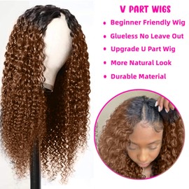 Black Root Ombre Highlight Brown Curly V Part Wigs Human Hair Upgrade U Part Wigs Human Hair for Women 1B/30 Color Highlights Brown Kinky Curly V Part Wigs No Leave Out Curly Wigs 22Inch