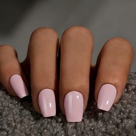 SXVME Uñas postizas cortas a presión, color rosa pálido, con pegamento, uñas postizas brillantes, cuadradas, de gel suave natural para mujer, reutiliz