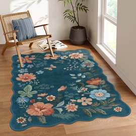Lahome Floral Washable Rugs for Bedroom, 4X6 Area Rug Ultra-Thin Soft Living Room Rug, Non-Slip Classroom Rug Stain Resistant Lightweight Boho Rug Low-Pile for ‎‎Nursery Office (4x6ft,Navy Blue)