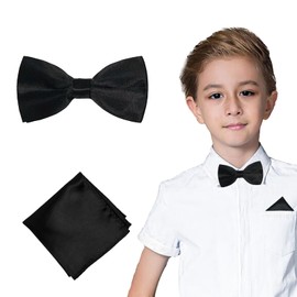 Chanseen Black Bow Tie and Pocket Square for Boys Kids Pre Tied Adjustable Bowtie Handkerchief Set for Party Wedding Formal Costume Accessories (Black)