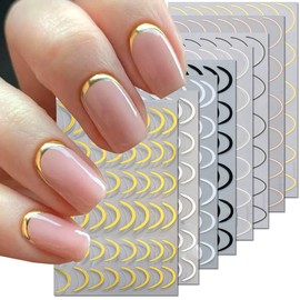 8Sheets French Line Nail Stickers - Gold Silver for Nails Sticker Kit - 3D Metallic Curve Stripe Wave Lines Nail Decals Self-Adhesive Nail Art Supplies French Nail Design for Women Manicure Decoration