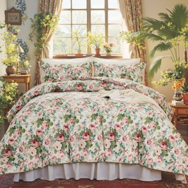 Rose Red Floral Queen Bedding Romantic Girls Comforter Set Soft Botanical Vintage & Country Home Decor for All Season