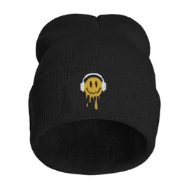 Yrassio Smiling Face Embroidery Beanie Hat for Men Women Winter Warm Stretch Skull Knit Hats Cap Black