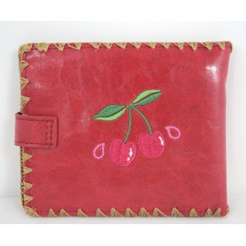Skelapparel Cute Cherry Embroidered Vegan Leather Bi-Fold Wallet for Women – Adorable and Functional Design (Red, Medium)