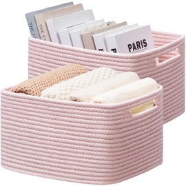 UBBCARE 2 Pack Woven Storage Basket for Shelves,Cotton Rope Basket for Toys, Books, Towels, and Clothes,Cute Baskets for Gifts,13''Lx9''Wx7.5''H, Pink