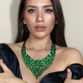 Flyonce Rhinestone Chunky Bib Collar Statement Necklace, Green Crystal Rhinestone Costume Jewelry for Women Wedding Party