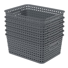 Julyeen 6-Pack Plastic Woven Storage Baskets, Shelf Organizing Basket for Countertop, Cabinet and Closet, Gray