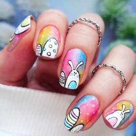 24Pcs Cute Press on Nails Medium Square Fake Nails Easter Eggs False Nails Big Belly Rabbit Glue on Nails Matte Colorful Stick on Nails Polka Dots Full Cover Acrylic Nails for Women Girls