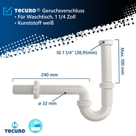 tecuro Odour Trap Drain Fitting Siphon 1 1/4 Inch x 32 mm for Washbasin with Shortenable Immersion Pipe and Wall Rose Plastic White - 58505