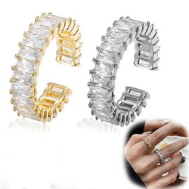 Ring Set Women's Gold-Plated Silver Rings, Stone Ring with Zirconia Crystals Open Rings Set Eternity Rectangle Women's Silver, Classic Silver Jewellery Girl Ring Suitable for Birthday Gift