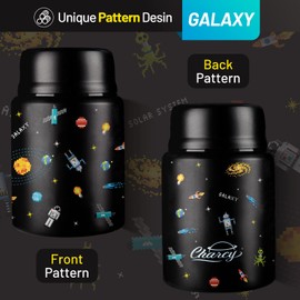 Charcy 17oz Kids Thermo for Hot Food - Soup Thermo with Folding Spoon - Insulated Food Jar for Hot & Cold Food - Black Pixel Space