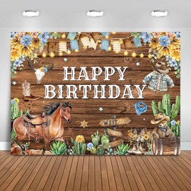Fitumiw Western Birthday Backdrop 7x5ft Wild West Rustic Happy Birthday Party Decorations Background for Boys Western Cowboy Theme Banner Photo Booth Props
