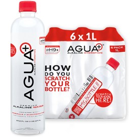 Agua Plus pH9+ Alkaline Water Bottles - 33.8 fl oz Drinking Water Bottles - USA Made - Electrolyte-Infused, Mineral-Rich, Recycled Plastic Water Bottles - 6 Pack