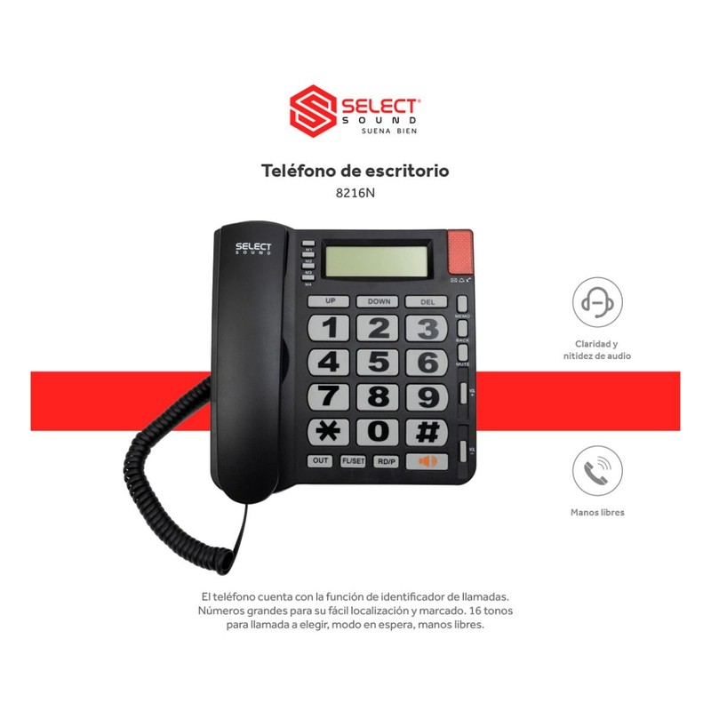Select Sound | Teléfono Alámbrico con Numeros Grandes e identificador