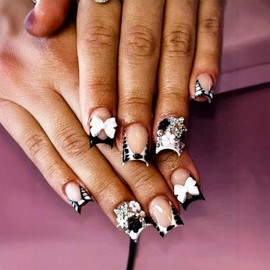 24Pcs Short Press on Nails Square Fake Nails French Tip Glue on Nails Full Cover Bow False Nails with Star Rhinestones Design White Flower Acrylic Nails Spring Glue on Nails for Women Manicure Salon