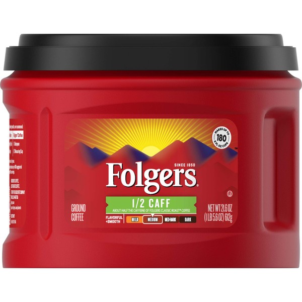 Folgers 1/2 Caff Medium Roast Ground Coffee, 21.6 Ounces (Pack of 3)